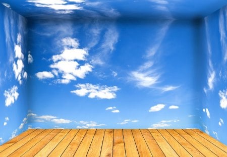 *** My room in  heaven *** - sky, blue, room, wooden, fantasy, floor, heaven