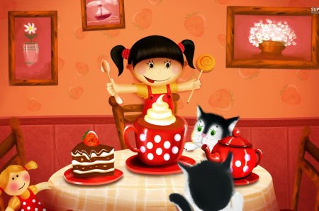 It's time for dessert - scenary, sweet, cat, love, girl, dessert, fantasy, tea, cake