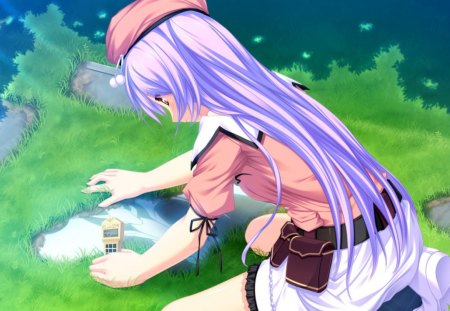 ~Self Reflection~ - anime, water, girl, pink hat, long hair, purple hair, reflection, puddle