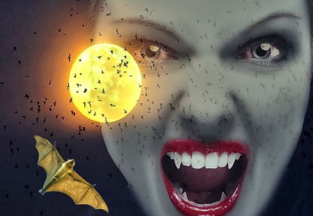 Vampire - teeth, photoshop manipulations, blackground, bat, month, woman, hdr, eyes