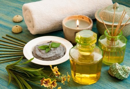 Massagge therapy - cream, candle, oil, beauty, spa, massagge, therapy, green