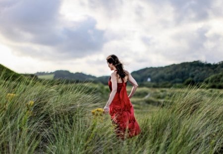 Woman in the field - nature, sky, girl, red dress, field, grass, model