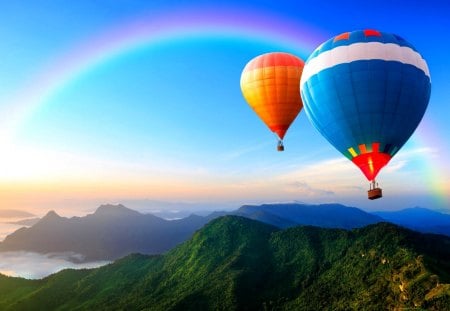 HOT AIR BALLOONS - hills, rainbow, height, form, balloons