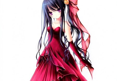 Red Beauty - pretty, anime, elegant, female, dress, long hair, purple eyes, gorgeous, red, plain, ribbon, nice, gown, anime girl, beautiful, hot, girl, simple, beauty, lovely, sweet, white, black hair, cute, sexy