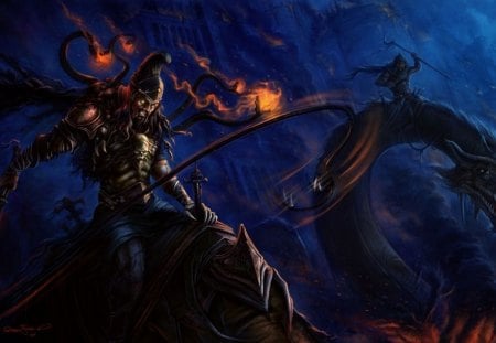 Riding snakes - black, monster, game, battle, snake, fight, night, blue, fire, warrior, creature, fantasy, light, flame, riding, man