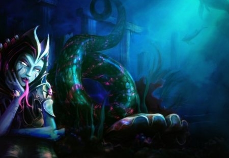 Water creature - serpent, water, snake, blue, girl, pink, tail, aqua, black, fantasy, mermaid, green, fish, tongue