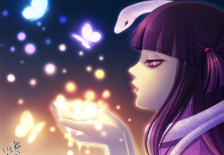 Make a wish for the Year of the Snake - girl, light, magic, year, night, white, butterfly, purple, pink, snake, serpent, anime, wish, reptile, manga