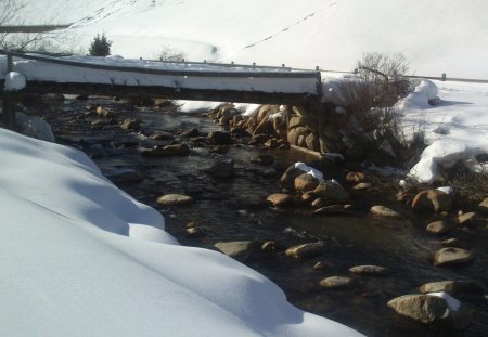 bridge in river in winter... - natura, river, winter, mountain