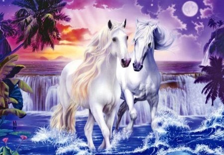 Born from the waves - pretty, sundown, sunrise, light, exotic, nice, sky, sun, clouds, moon, palms, beautiful, sea, lovely, unicorns, fall, tropics, glow, colorful, fantasy, white, waterfall, sunset, horses, rays, painting, born, waves