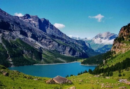 Lovely lakeview - pretty, summer, cabin, grass, mountain, villa, view, lake, nice, cottage, sky, clouds, house, mountainscape, water, beautiful, lovely, peaks, nature