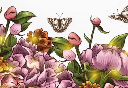 Vintage Flowers - paint, painting, peonies, art, fleurs, vintage, flowers, papillon, butterflies