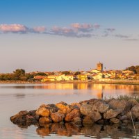 seaside town in beautiful sunset