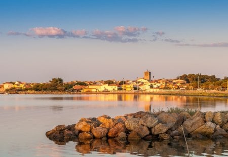 seaside town in beautiful sunset - sunset, town, seaside, breaker, rocks