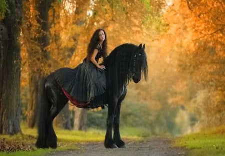 Beauties in black - trees, horse, woman, autumn