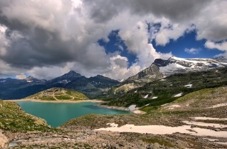 mountains and clouds - lake, mountains, clouds, grass