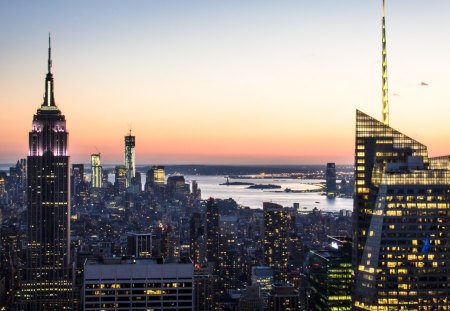 majestic view of nyc at dusk - river, city, dusk, skyscrapers, lights