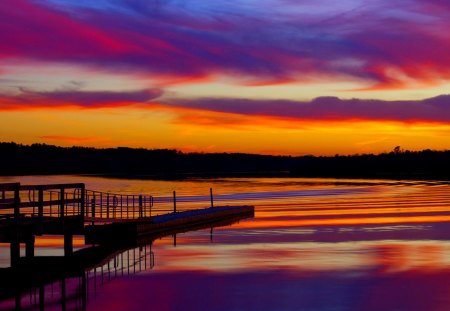 SUNSET COLORS - lake, sky, usa, clouds, evening, trees, sunset