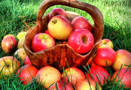 Ripe ! - wooden, green, basket, grass, apples, ripe, pie