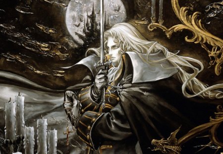 Castlevania - moon, bats, castle, candles, video game, sword