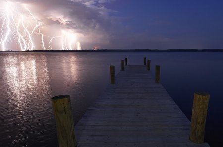 Lightning At Sea - puyehue, forces, sky, ocean, eruption, dock, water, nature, volcano, bright, clouds, lightning