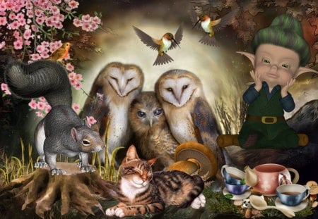 Owl Family - owl, bird, animal, fairy, elve, cat