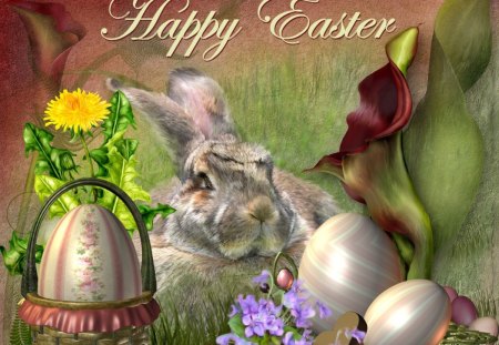 Happy Easter! - eggs, easter, rabbit, flower, bunny