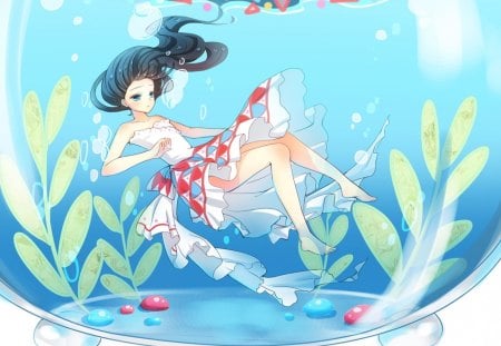 ~Life In A Fishbowl~ - water, beautiful, bubbles, anime, girl, dress, long hair, black hair, colorful, fishbowl