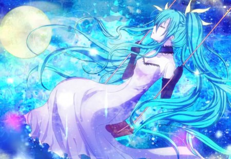 Sweet anime - moon, anime, blue, girl, ling hair, art, shine