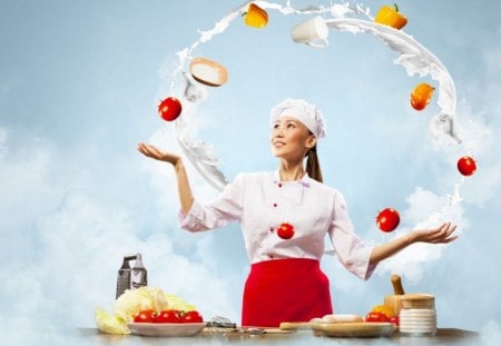 Chef - art, girl, cap, fruits, chef, food