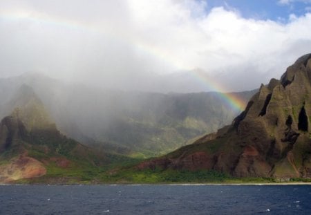 Napali Coast Rainbow - white, darkrainbow, nature, brown, landscape, mountain, grey, fog