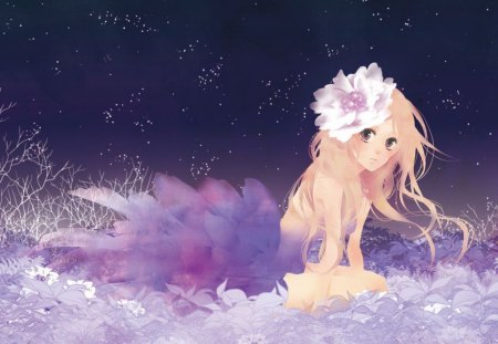 Purple Rose - anime, anime girl, female, girl, night, stars, flowers, purple, rose