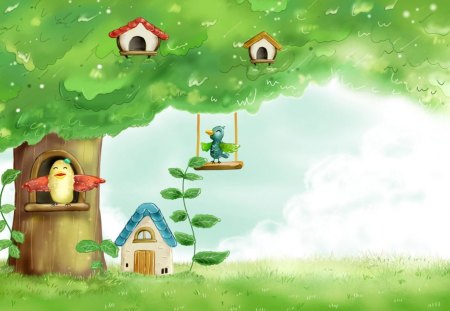 Birds in Tree - bird houses, swing, spring, tree