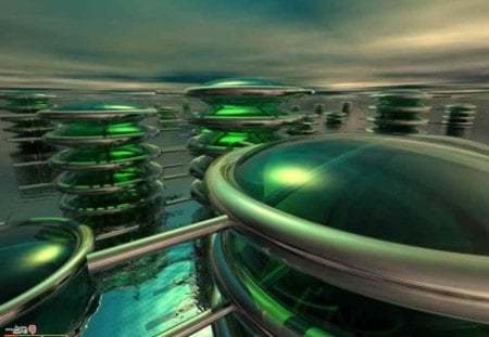 Green Spaceships... - heaped, objects, green