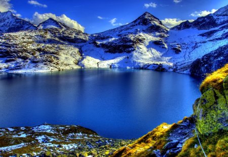 ALPS MOUNTAIN LAKE - lake, snow, austrian, alps, mountains, hdr