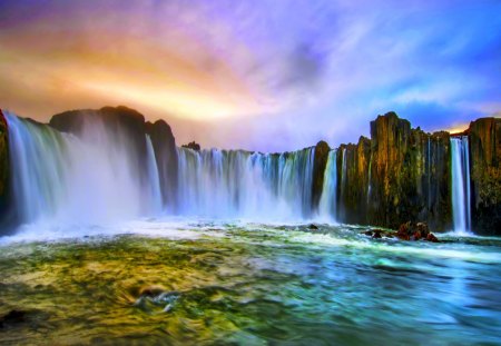 WIDE WATERFALLS - sky, iceland, river, akureyri, waterfalls, hdr