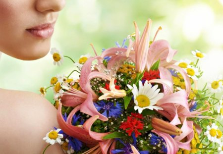 Bouquet - blossoms, beauty, model, flowers, bouquet, girl, petals, daisies, female, nature, woman