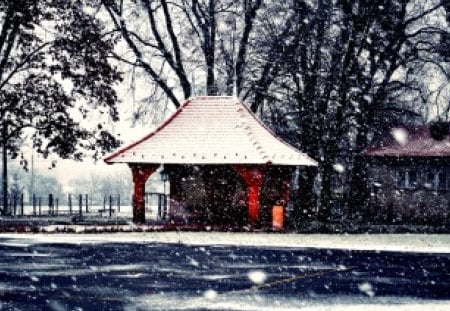 SNOW FALL - winter, road, structures, fence, snow fall