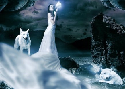 Might of Magic - white, woman, wolves, fantasy