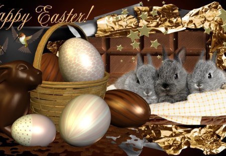 Easter Bunnys - eggs, easter, rabbits, brown, chocolate, gold, stars, bunny