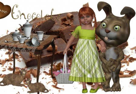 I Love Chocolate - easter, girl, cats, chocolate, bunny