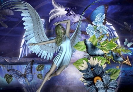 Blue Moon - moon, blue, butterfly, fairy, angel, flower