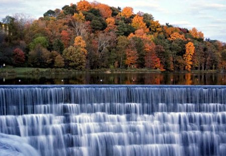 Step Waterfall in Fall - Trees, River, Autumn, Waterfall