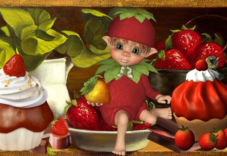 Little Strawberry - strawberry, red, food, fairy, elve, cake