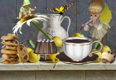 Coffee Time - yellow, coffee, food, butterfly, fairy, cake