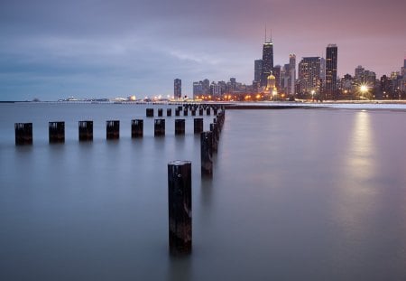 chicago lakefront - pylons, lights, lake, dusk, city