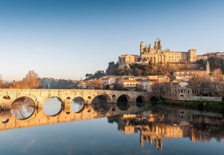 ancient bridge to an ancient town - river, town, reflection, bridge, monastery