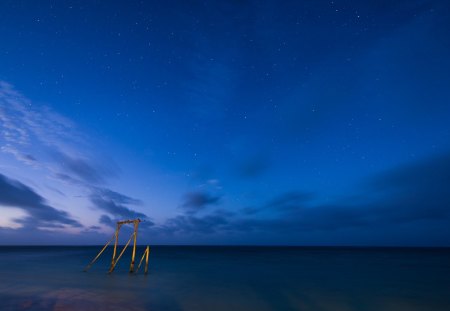 starry starry eve - evening, sea, stars, wooden bracket