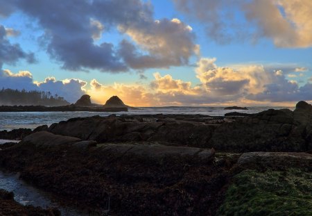 evening rain clouds over island - beach, evening, clouds, island, rocks