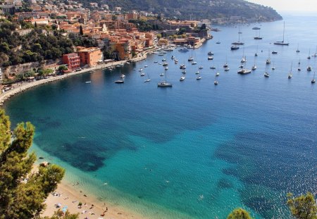 wonderful seaside town - seaside, beach, town, mountain, boat