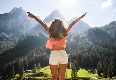 Mood - clouds, trees, height, girl, freedom, forest, nature, rays, view, lights, lake, mountains, sun, sky